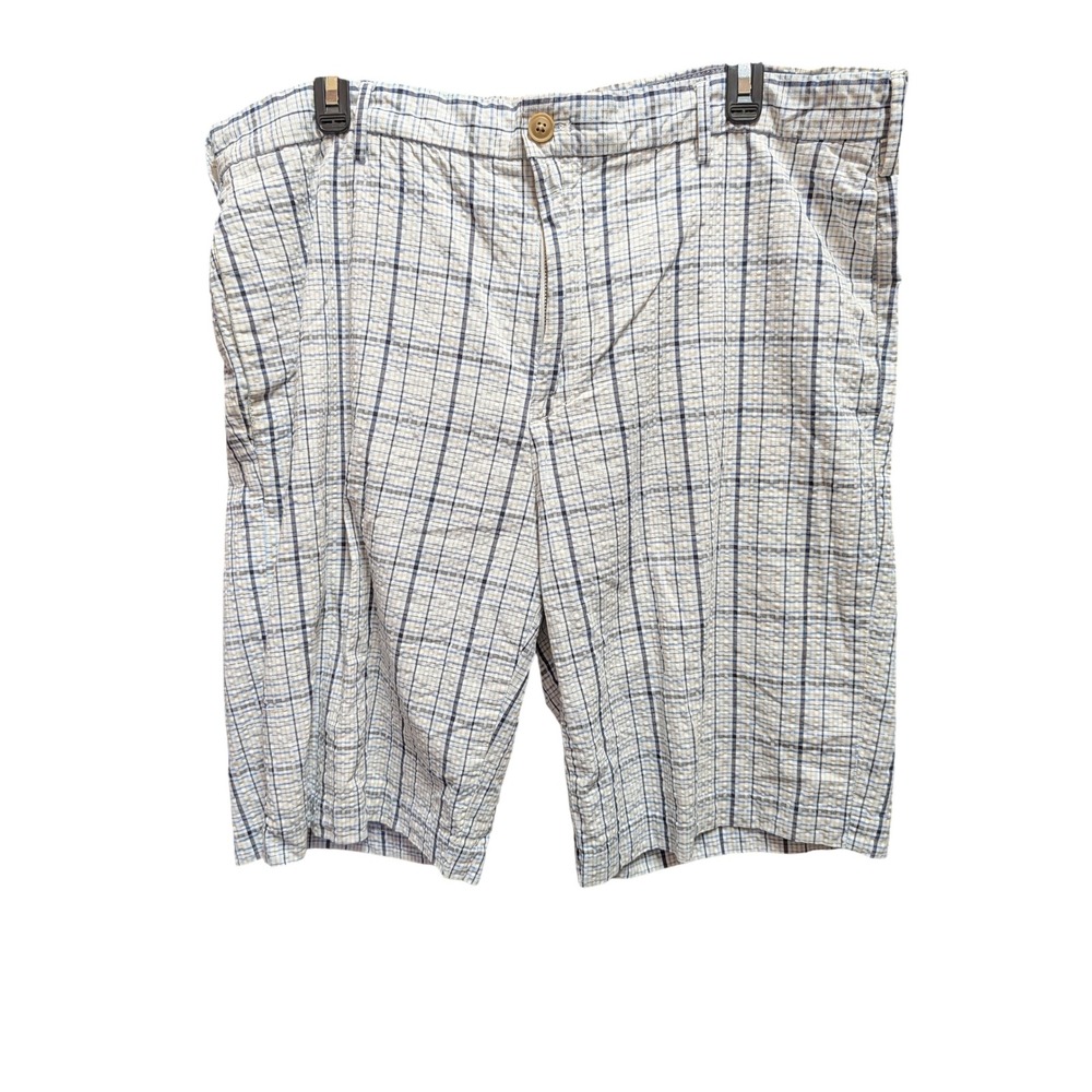 IZOD Seersucker Shorts Mens 38 Blue Plaid Excellent Flat Front Summer Preppy